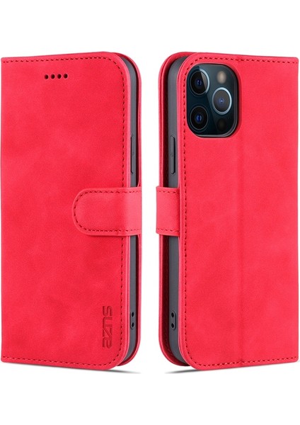 Apple İphone 13 Pro Max 6.7 Inç Uyumlu Deri Kart Tutucu Tasarım Telefon Kılıfı - Kırmızı (Yurt Dışından)