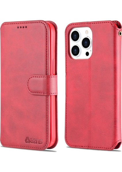 Apple İphone 13 Pro Max 6.7 Inç Uyumlu Deri Kart Tutucu Tasarım Telefon Kılıfı - Kırmızı (Yurt Dışından)