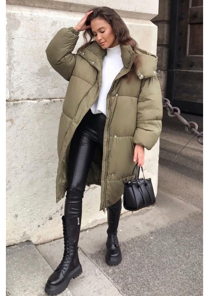 Mad Girls Haki Uzun Şişme Mont MG1303 modelleri