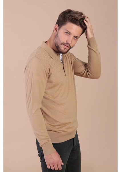 Polo Yaka Superfine Yün Kazak - Camel