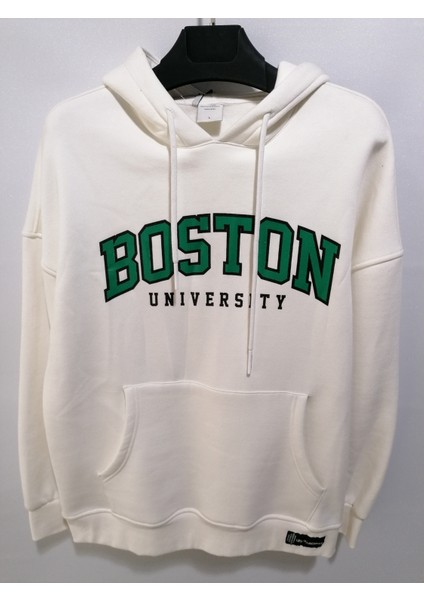 3 Iplik Şardonlu Kapüşonlu Ön Boston Baskılı Oversize Sweatshirt