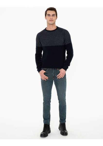 Erkek Lacivert Slim Fit Bisiklet Yaka Yün Karışımlı Triko Kazak 50241417-VR033