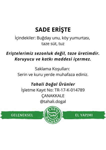 Sade Erişte 500 gr (Taş Değirmen Unu, Taze Süt ve Köy Yumurtalı, Katkısız Ev Yapımı)