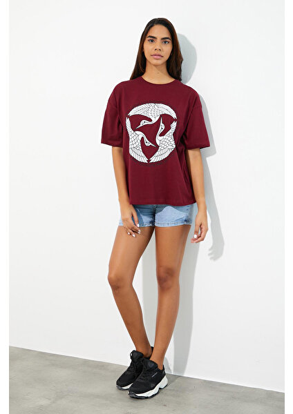 Polo State Kadın Baskılı Oversize T-Shirt Bordo