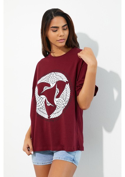 Polo State Kadın Baskılı Oversize T-Shirt Bordo