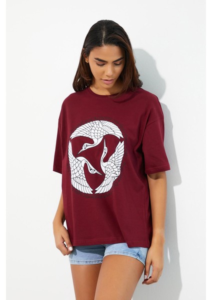 Polo State Kadın Baskılı Oversize T-Shirt Bordo