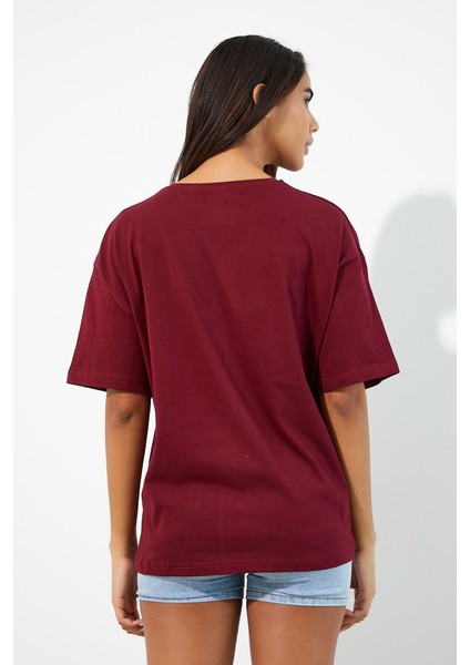 Polo State Kadın Baskılı Oversize T-Shirt Bordo