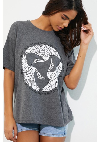 Kadın Baskılı Oversize T-Shirt Antrasit