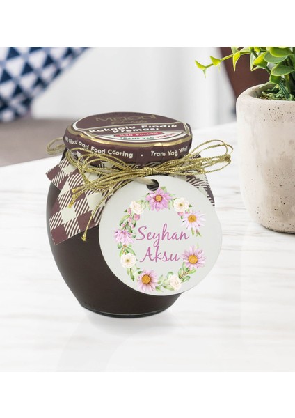 Kişiye Özel İsimli Çiçek Tasarımlı Ahşap Anahtarlıklı El Yapımı 400 gr Melodi Kakaolu Fındık Kreması Seti-4