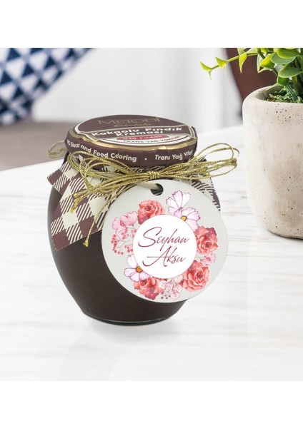 Kişiye Özel İsimli Çiçek Tasarımlı Ahşap Anahtarlıklı El Yapımı 400 gr Melodi Kakaolu Fındık Kreması Seti-2