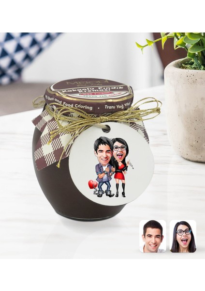 Kişiye Özel Sevgililer Karikatürlü Ahşap Anahtarlıklı El Yapımı 400 gr Melodi Kakaolu Fındık Kreması Seti-1