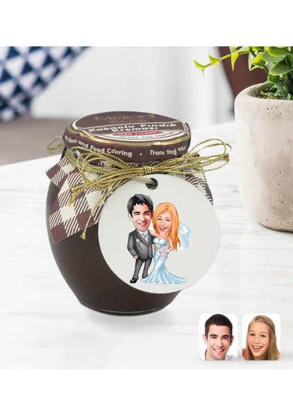 Kişiye Özel Evleniyoruz Karikatürlü Ahşap Anahtarlıklı El Yapımı 400 gr Melodi Kakaolu Fındık Kreması Seti-5