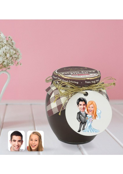 Kişiye Özel Evleniyoruz Karikatürlü Ahşap Anahtarlıklı El Yapımı 400 gr Melodi Kakaolu Fındık Kreması Seti-5 modelleri