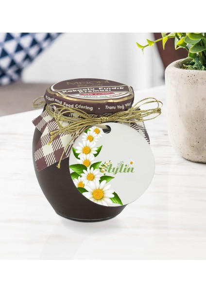 Kişiye Özel Isimli Papatya Tasarımlı Ahşap Anahtarlıklı El Yapımı 400 gr Melodi Kakaolu Fındık Kreması Seti-8