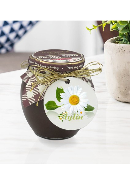 Kişiye Özel Isimli Papatya Tasarımlı Ahşap Anahtarlıklı El Yapımı 400 gr Melodi Kakaolu Fındık Kreması Seti-4