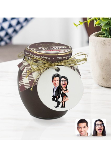 Kişiye Özel Sevgililer Karikatürlü Ahşap Anahtarlıklı El Yapımı 400 gr Melodi Kakaolu Fındık Kreması Seti-6