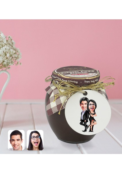 Kişiye Özel Sevgililer Karikatürlü Ahşap Anahtarlıklı El Yapımı 400 gr Melodi Kakaolu Fındık Kreması Seti-6 modelleri