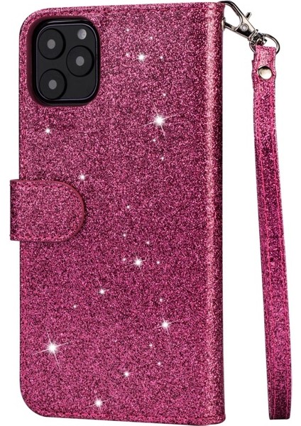 Apple iPhone 11 Için Parıltılı Fermuarlı Cüzdan Tasarımlı Standlı Kayışlı Deri Kılıf - Pembe (Yurt Dışından)
