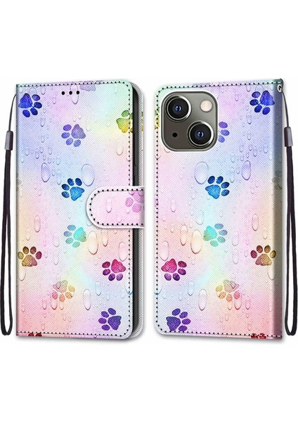 Apple iPhone 13 Için Katlanabilir Standlı Baskılı Darbeye Dayanıklı Deri El Kayışlı Telefon Kılıfı - Pati Izleri (Yurt Dışından)
