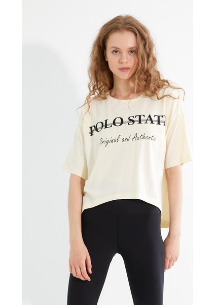 Polo State Kadın Baskılı Oversize T-Shirt  Ekru