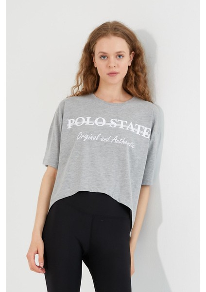 Polo State Kadın Baskılı Oversize T-Shirt  Gri Melanj