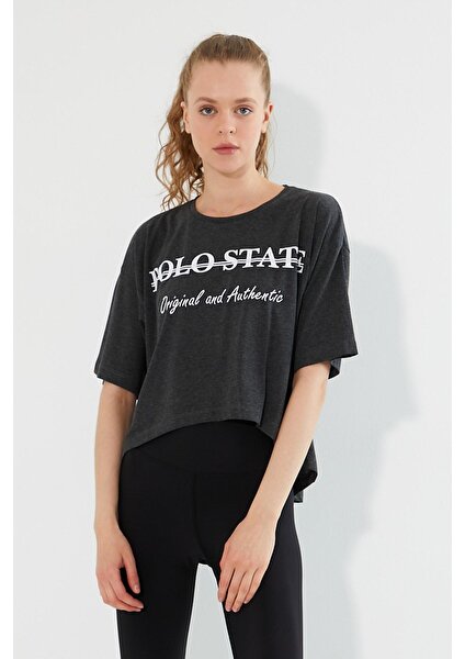 Polo State Kadın Baskılı Oversize T-Shirt  Antrasit