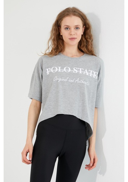 Polo State Kadın Baskılı Oversize T-Shirt  Gri Melanj