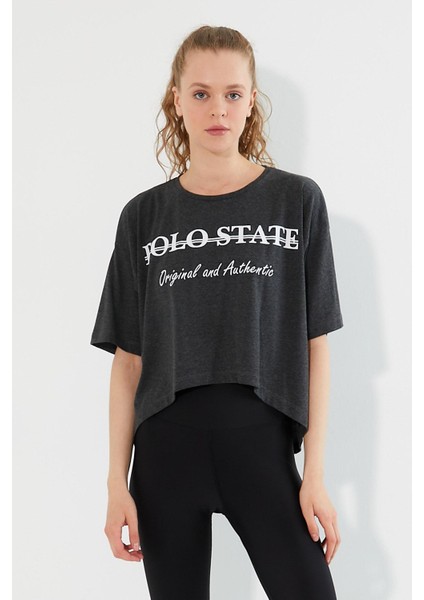 Polo State Kadın Baskılı Oversize T-Shirt  Antrasit