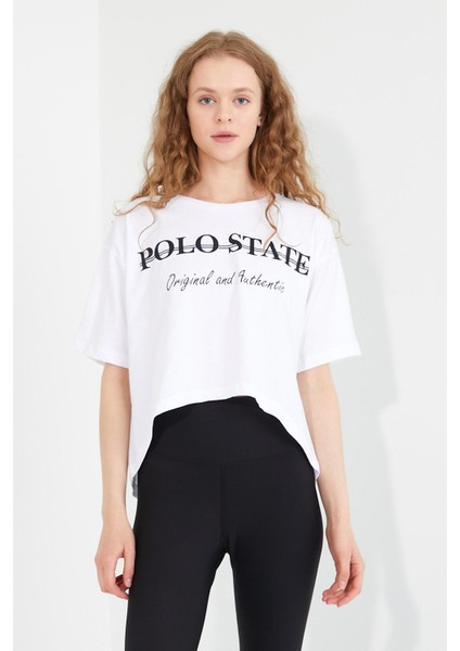 Polo State Kadın Baskılı Oversize T-Shirt  Beyaz