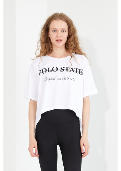 Polo State Kadın Baskılı Oversize T-Shirt  Beyaz