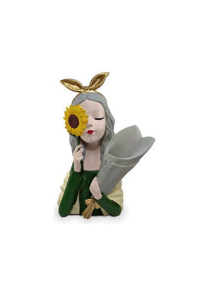 Dekoratif Buketli Kız Vazo - Yeşil Krem (34 x 22 cm