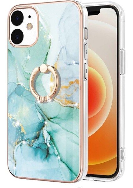 Apple iPhone 12 Için Galvanik Iml Imd Mermer Desenli Standlı Esnek Tpu Telefon Kılıfı - Yeşil (Yurt Dışından)