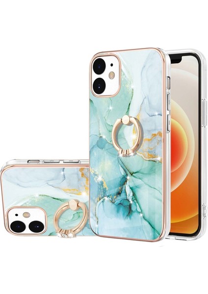 Apple iPhone 12 Için Galvanik Iml Imd Mermer Desenli Standlı Esnek Tpu Telefon Kılıfı - Yeşil (Yurt Dışından)