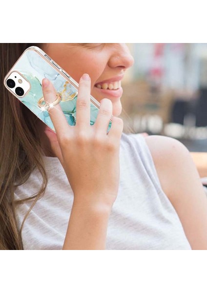Apple iPhone 12 Için Galvanik Iml Imd Mermer Desenli Standlı Esnek Tpu Telefon Kılıfı - Yeşil (Yurt Dışından)