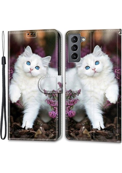 Dayanıklı Desen Baskı Pu Deri Standı Galaxy S22 5g Için Kayış ile Koruyucu Kılıf Koruyucu Kılıf - C08 Beyaz Kedi (Yurt Dışından)