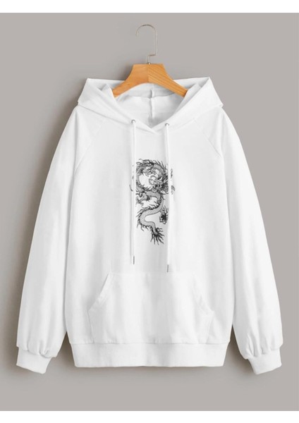 Kadın Beyaz Kapüşonlu Oversize Önü Ejder Baskılı Hoodie Sweatshirt