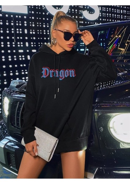 Kadın Siyah Önü Dragon Yazılı Sırt Dragon Baskılı Kapüşonlu Oversize Sweatshirt modelleri