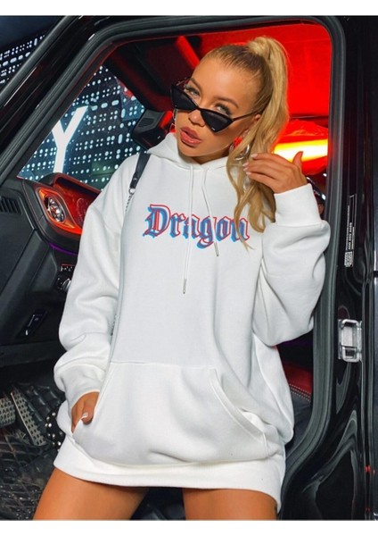 Kadın Beyaz Önü Dragon Yazılı Sırt Dragon Baskılı Kapüşonlu Oversize Sweatshirt fırsatları
