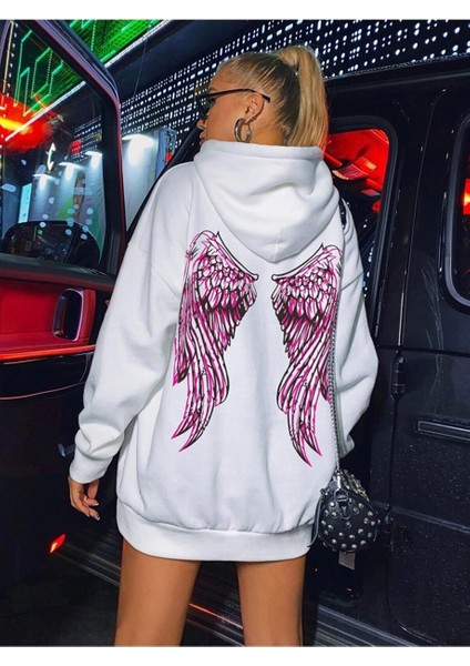 Kadın Beyaz Sırt Kanat Önü Slogan Baskılı Kapüşonlu Oversize Sweatshirt