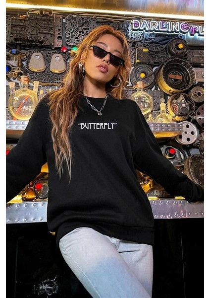 Kadın Siyah Butterfly Oversize Sweatshirt