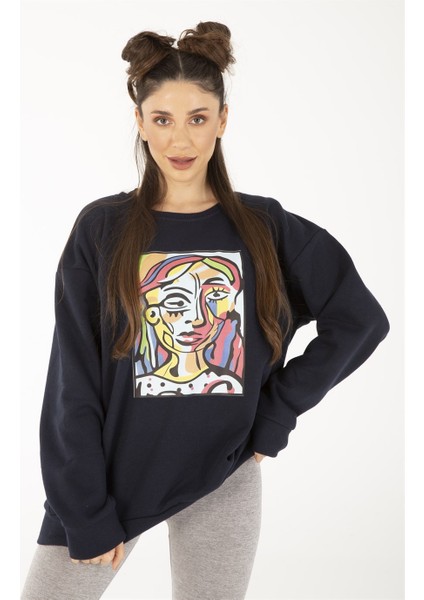 Kadın Lacivert Abstract Figure Baskılı Oversize Sweatshirt