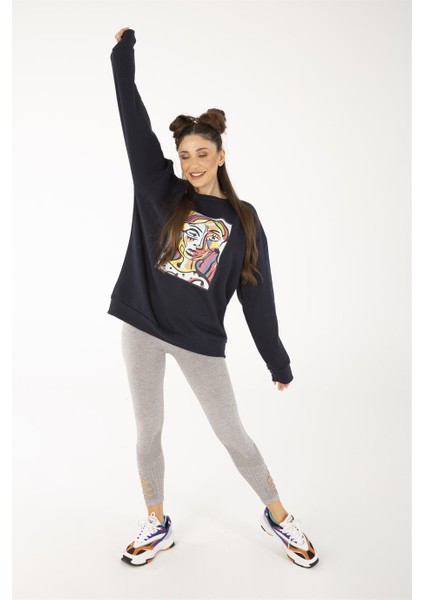 Kadın Lacivert Abstract Figure Baskılı Oversize Sweatshirt