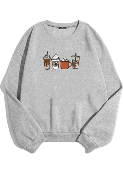 Kadın Gri Oversize Coffee Baskılı Sweatshirt