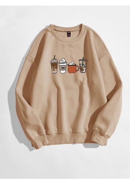 Kadın Vizon Oversize Coffee Baskılı Sweatshirt