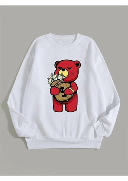 Kadın Beyaz Oversize Sweatshirt Dolar Ayıcık Baskılı