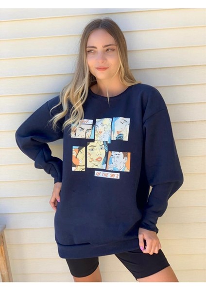 Kadın Lacivert Oversize In The 90's Baskılı Sweatshirt