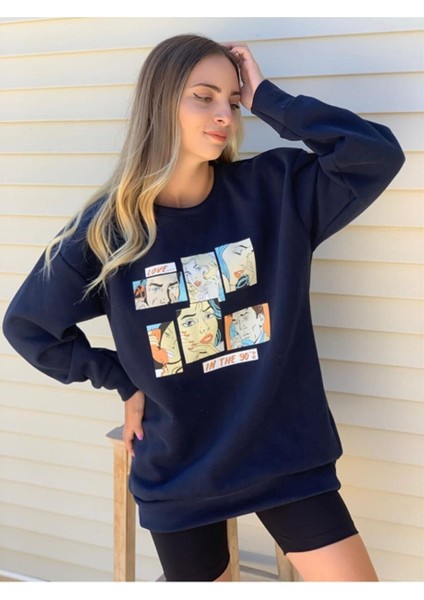 Kadın Lacivert Oversize In The 90's Baskılı Sweatshirt fiyatları
