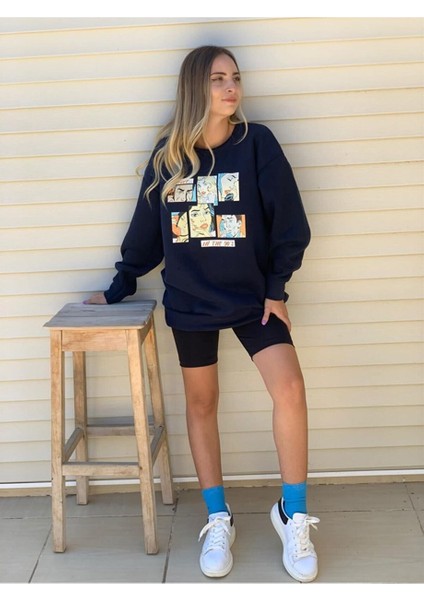 Kadın Lacivert Oversize In The 90's Baskılı Sweatshirt modelleri