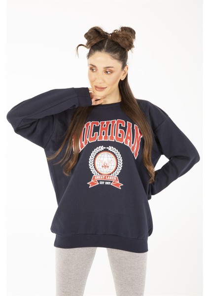 Kadın Lacivert Michigan Baskılı Oversize Sweatshirt