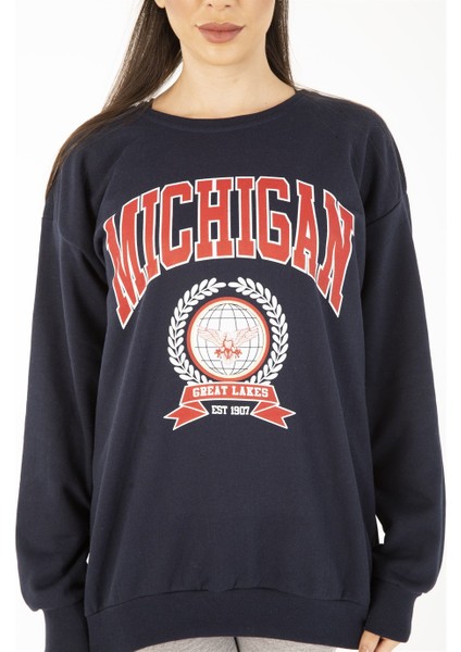 Kadın Lacivert Michigan Baskılı Oversize Sweatshirt indirimleri
